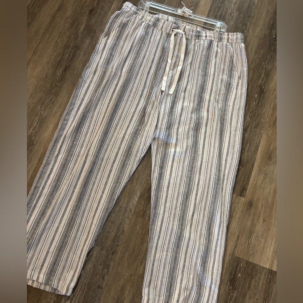 Woman’s Dash Casual Stripe Linen-Blend Drawstring Pants - Blue & White Sz XL